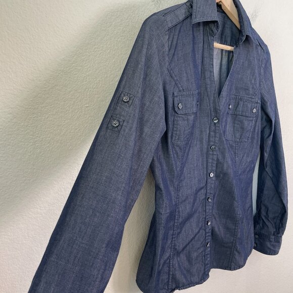 Express Womens Small Blue Chambray Button Up Shirt Roll Tab Sleeve Top - Picture 3 of 10
